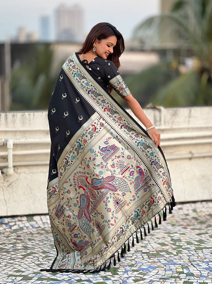 Black Pure Chandrakor Paithani Silk Banarasi Zari Saree 
