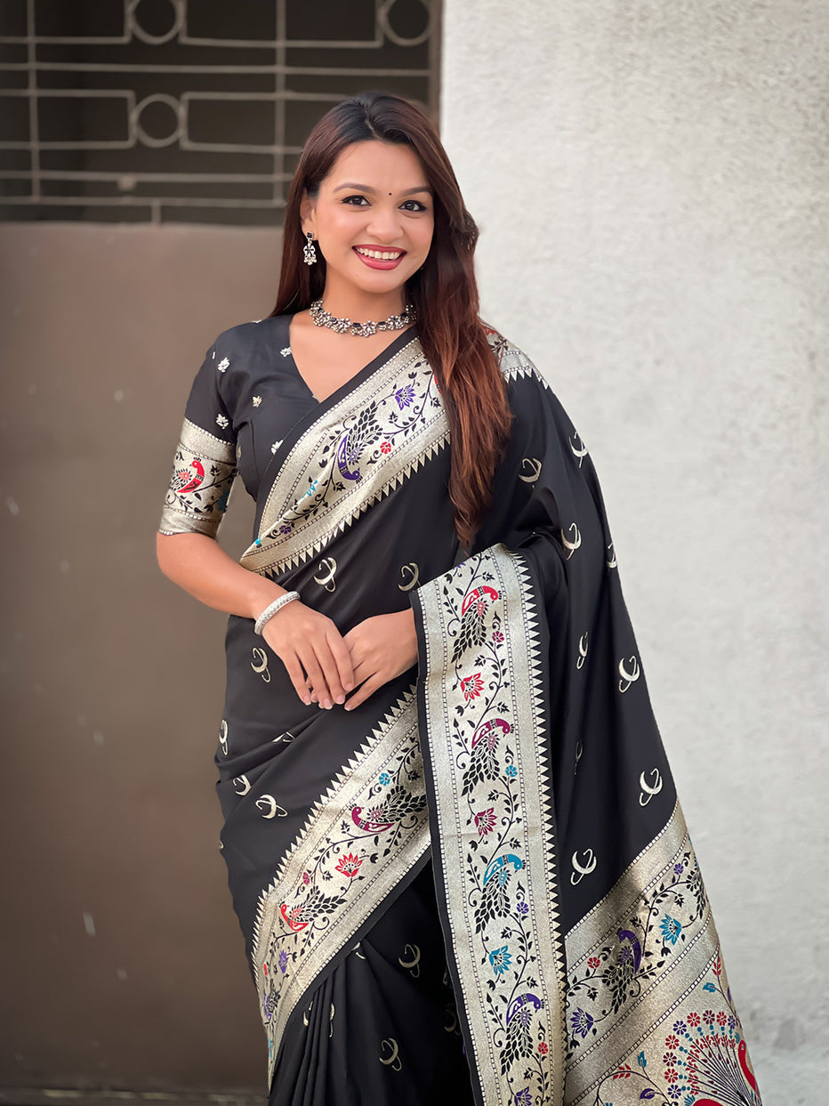 Black Pure Chandrakor Paithani Silk Banarasi Zari Saree 