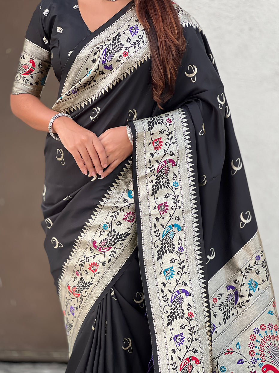 Black Pure Chandrakor Paithani Silk Banarasi Zari Saree 
