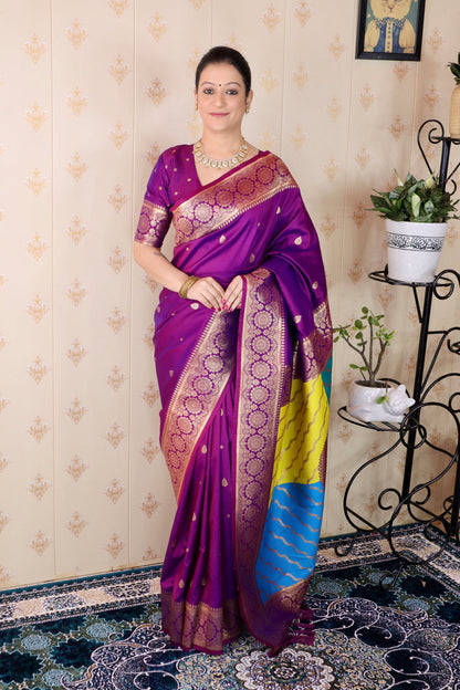 Purple Soft Silk Banarasi Multicolor Pallu Zari Woven Saree