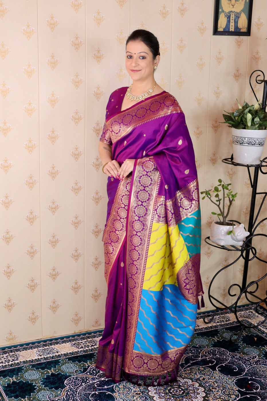 Purple Soft Silk Banarasi Multicolor Pallu Zari Woven Saree