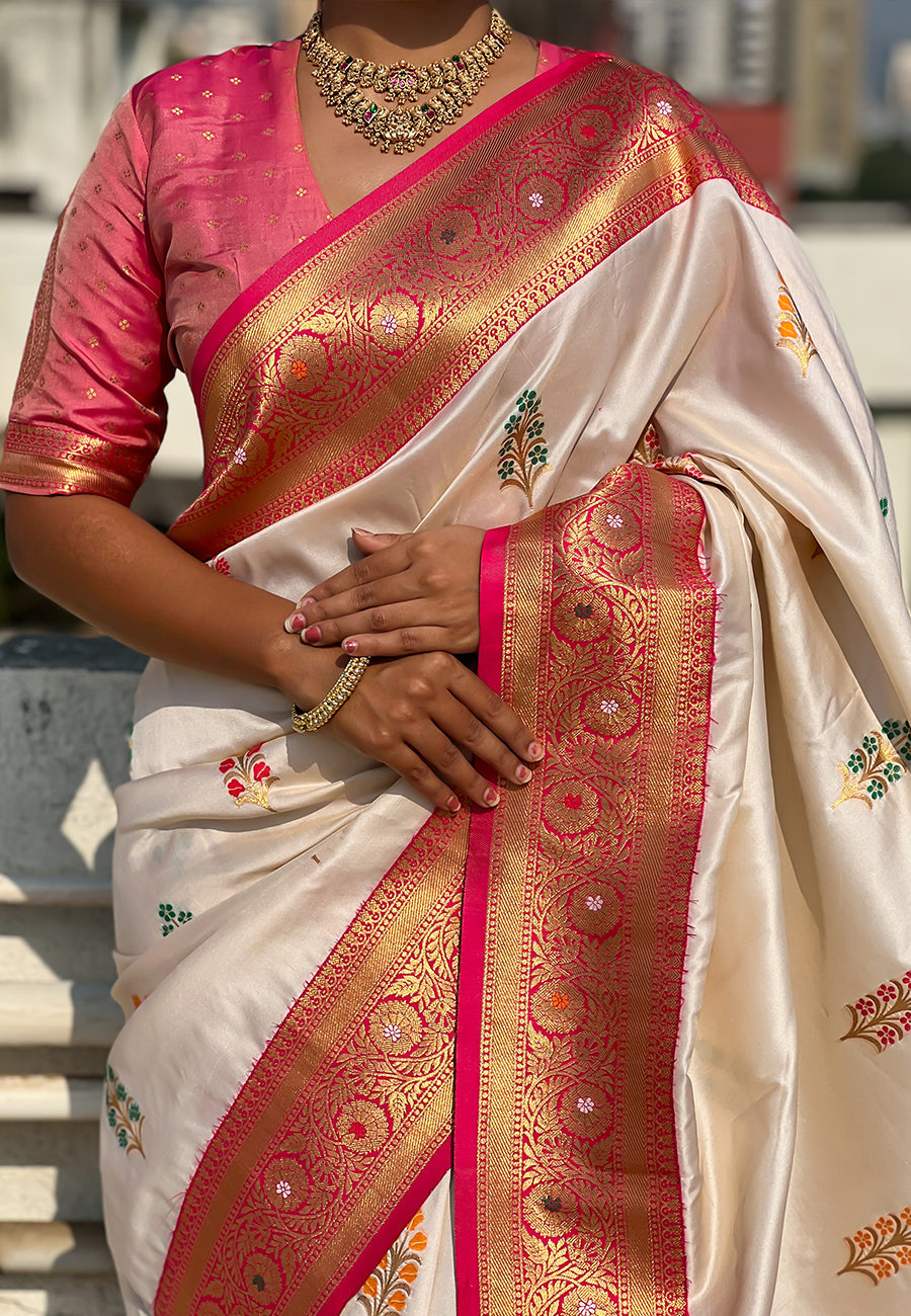 Cream Soft Silk with Flower Butta Meenakari Zari Woven Saree Banarasi Saree Anant Tex Exports Pvt.Ltd..