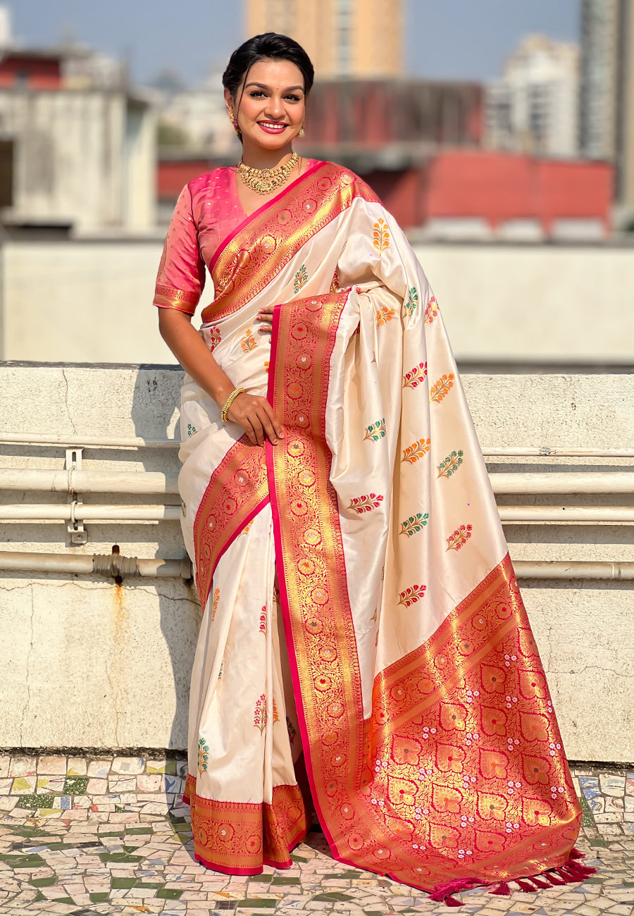 Cream Soft Silk with Flower Butta Meenakari Zari Woven Saree Banarasi Saree Anant Tex Exports Pvt.Ltd..