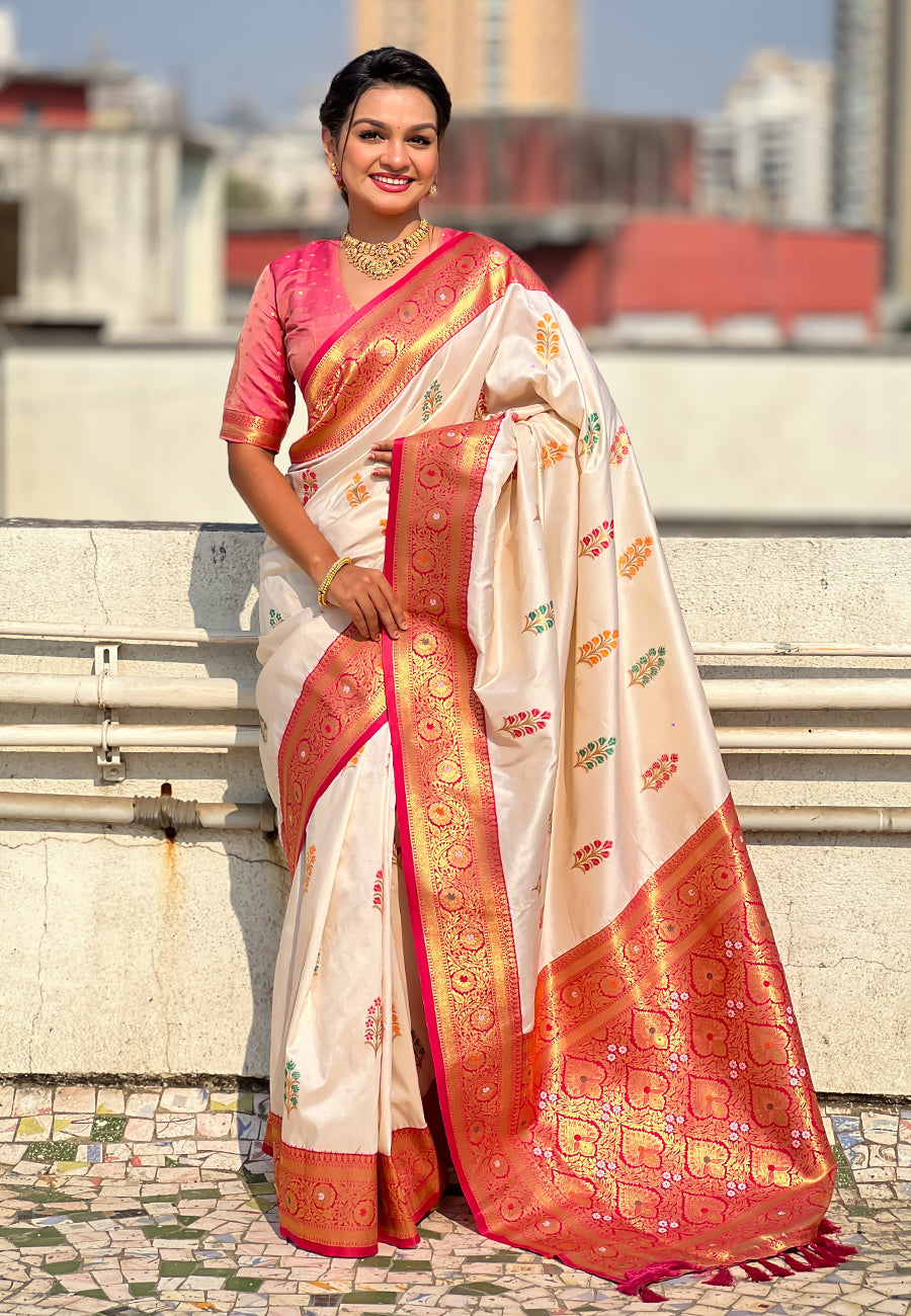Cream Soft Silk with Flower Butta Meenakari Zari Woven Saree Banarasi Saree Anant Tex Exports Pvt.Ltd..