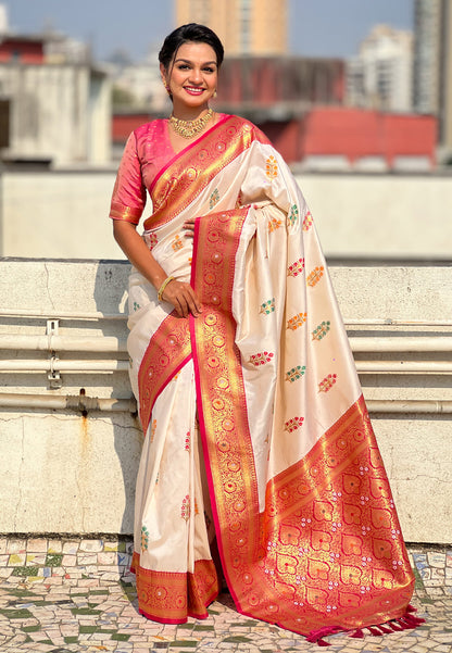 Cream Soft Silk with Flower Butta Meenakari Zari Woven Saree Banarasi Saree Anant Tex Exports Pvt.Ltd..