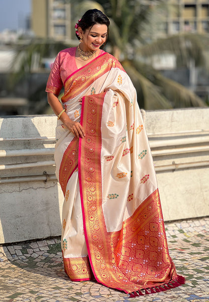 Cream Soft Silk with Flower Butta Meenakari Zari Woven Saree Banarasi Saree Anant Tex Exports Pvt.Ltd..