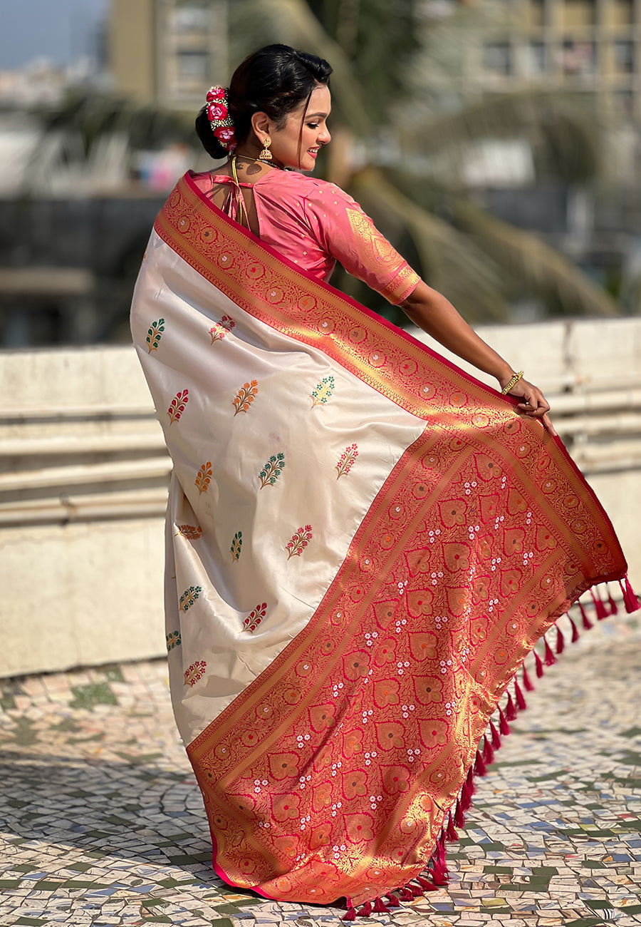 Cream Soft Silk with Flower Butta Meenakari Zari Woven Saree Banarasi Saree Anant Tex Exports Pvt.Ltd..