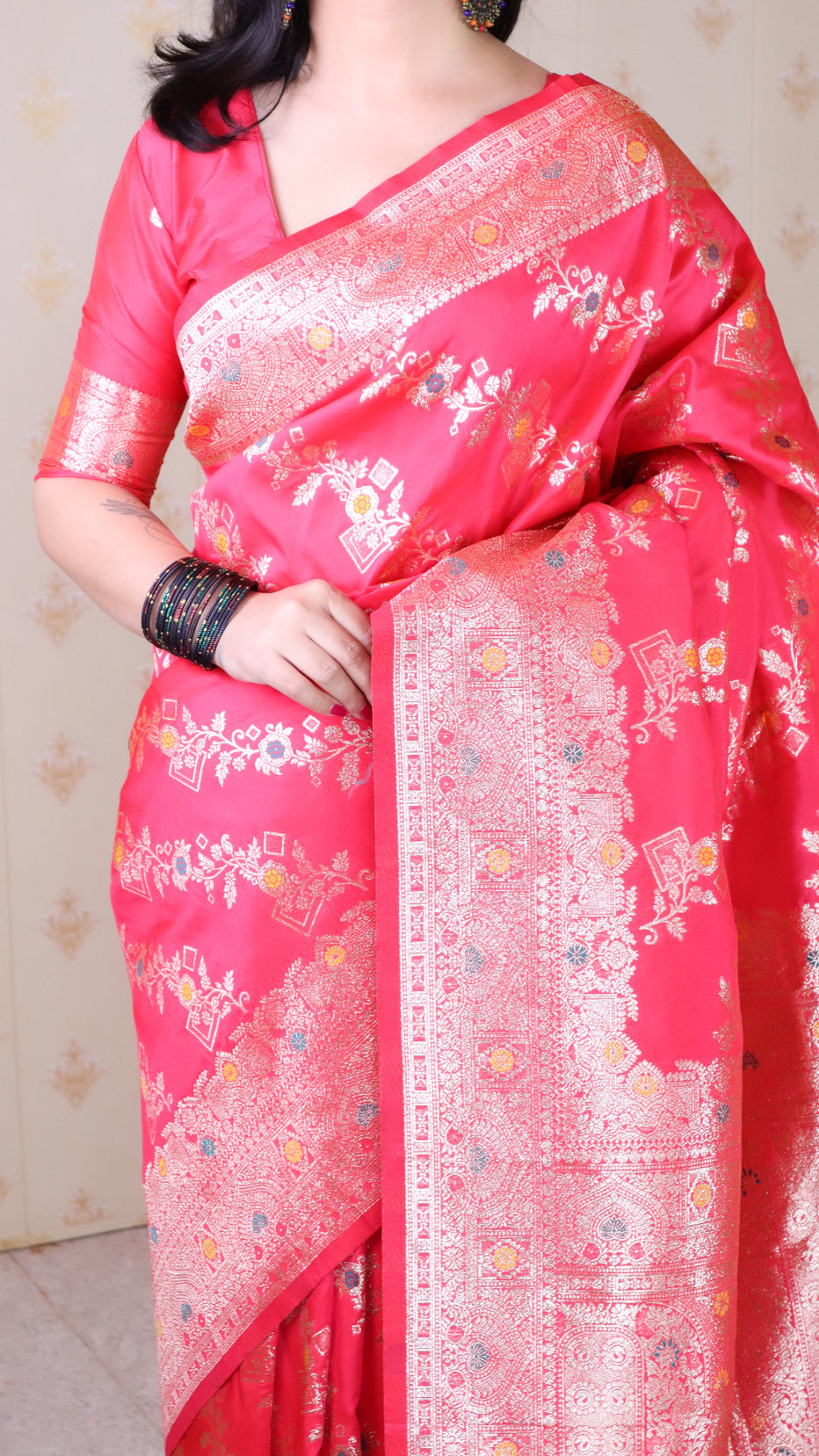 Pink Soft Silk Banarasi Jaal Meenakari Zari Banarasi Saree