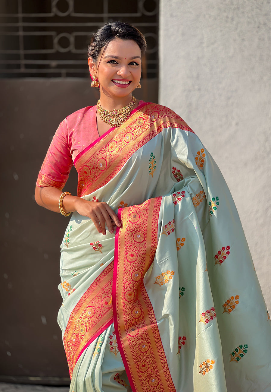 Sky Blue Soft Silk with Flower Butta Meenakari Zari Woven Saree Banarasi Saree Anant Tex Exports Pvt.Ltd..