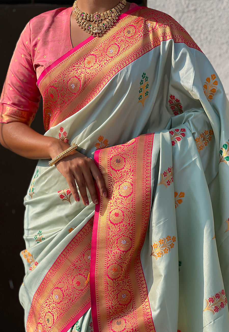 Sky Blue Soft Silk with Flower Butta Meenakari Zari Woven Saree