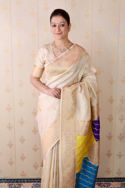 Cream Soft Silk Banarasi Multicolor Pallu Zari Woven Saree