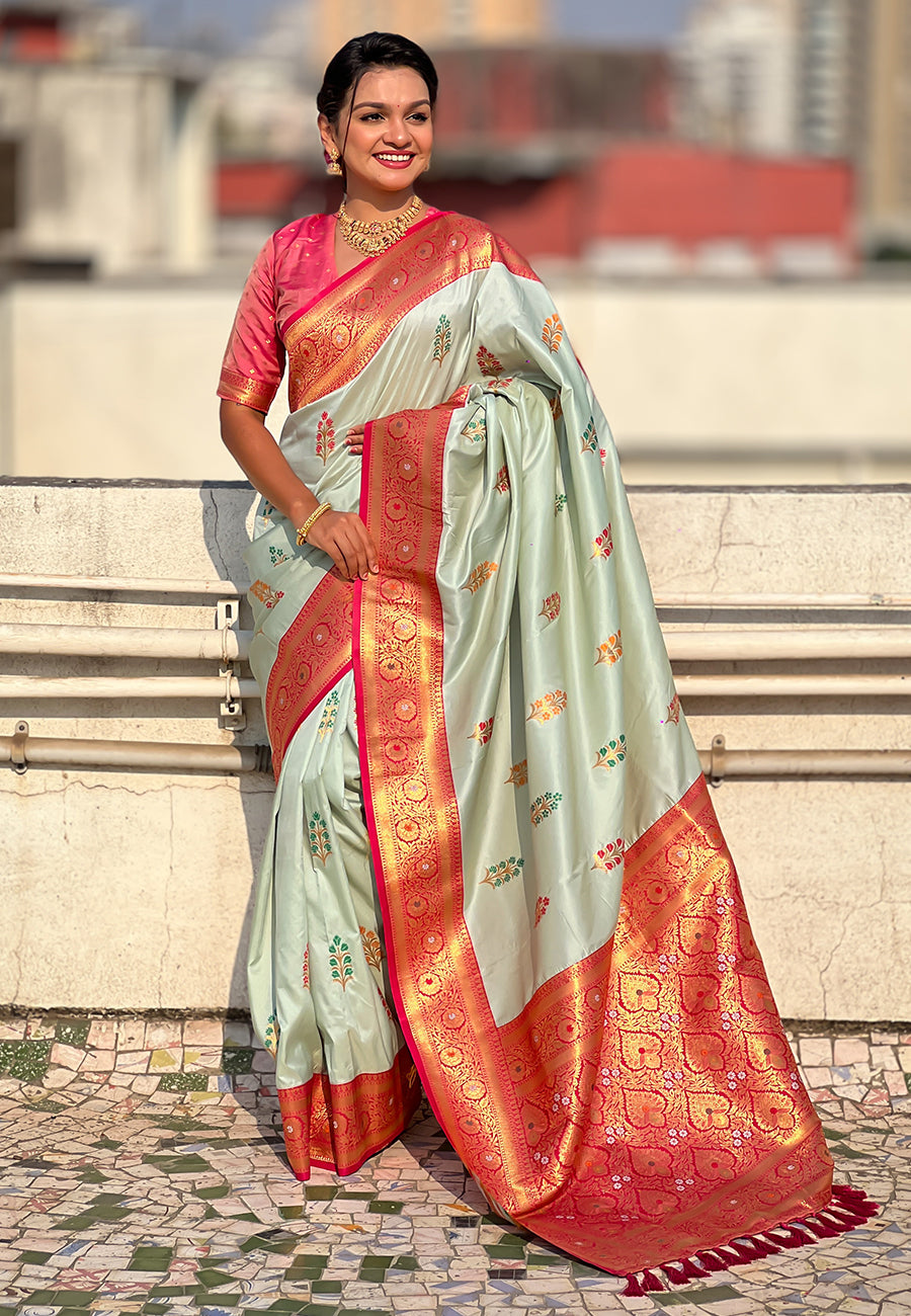 Sky Blue Soft Silk with Flower Butta Meenakari Zari Woven Saree