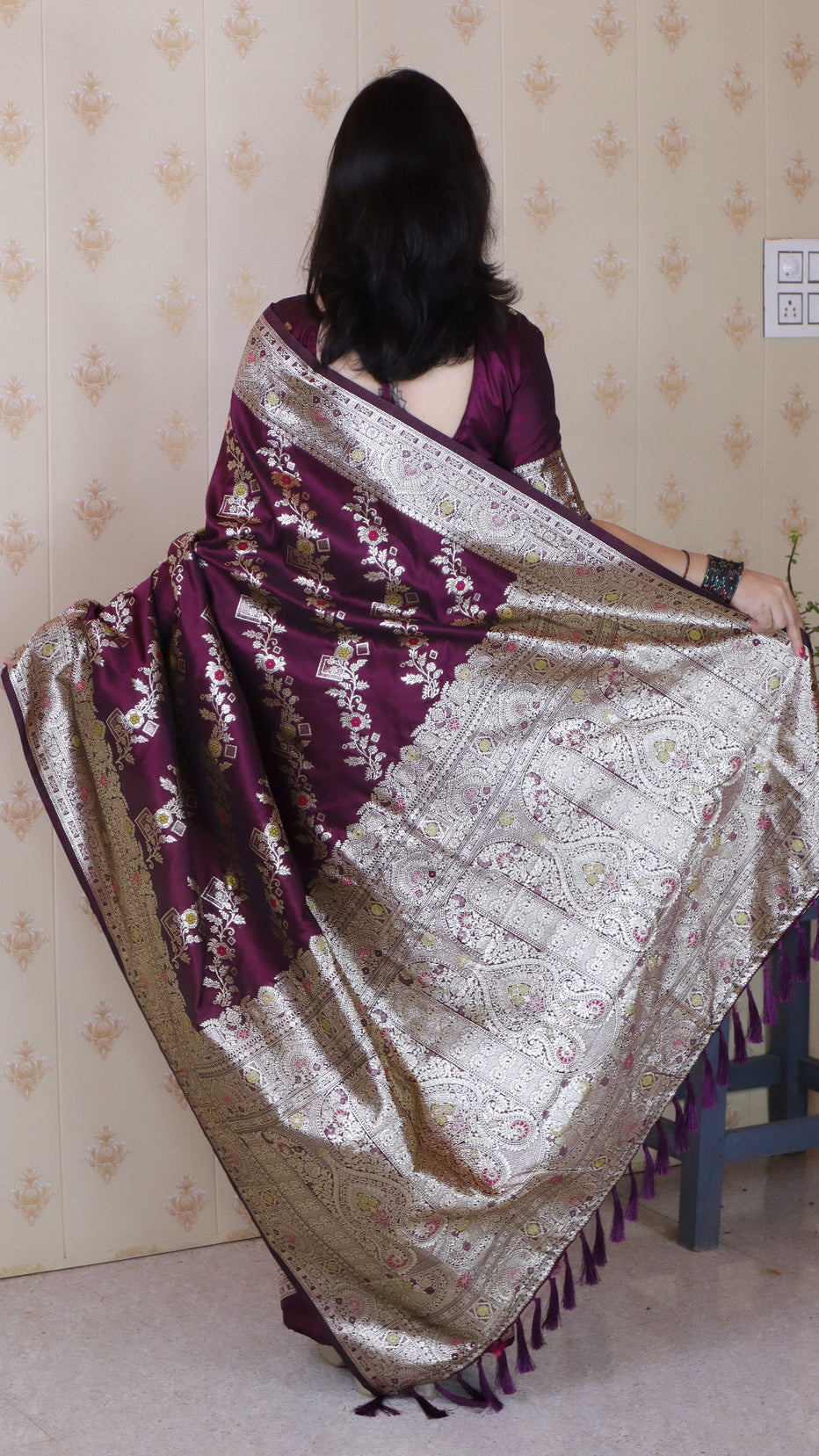 Wine Soft Silk Banarasi Jaal Meenakari Zari Banarasi Saree