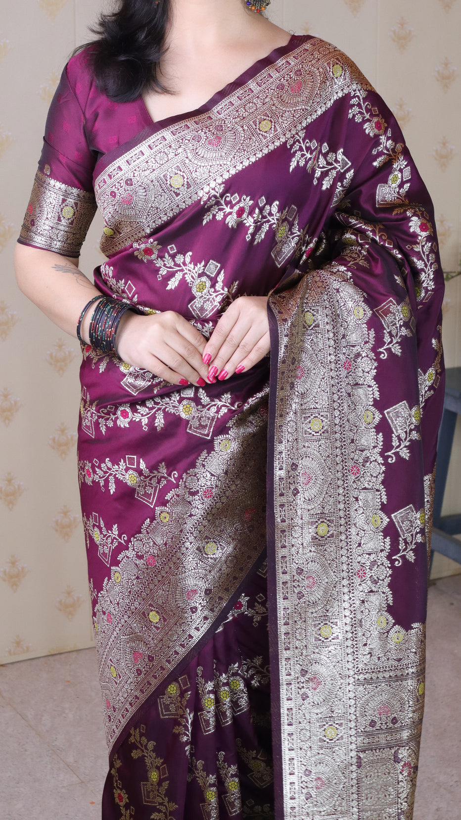 Wine Soft Silk Banarasi Jaal Meenakari Zari Banarasi Saree