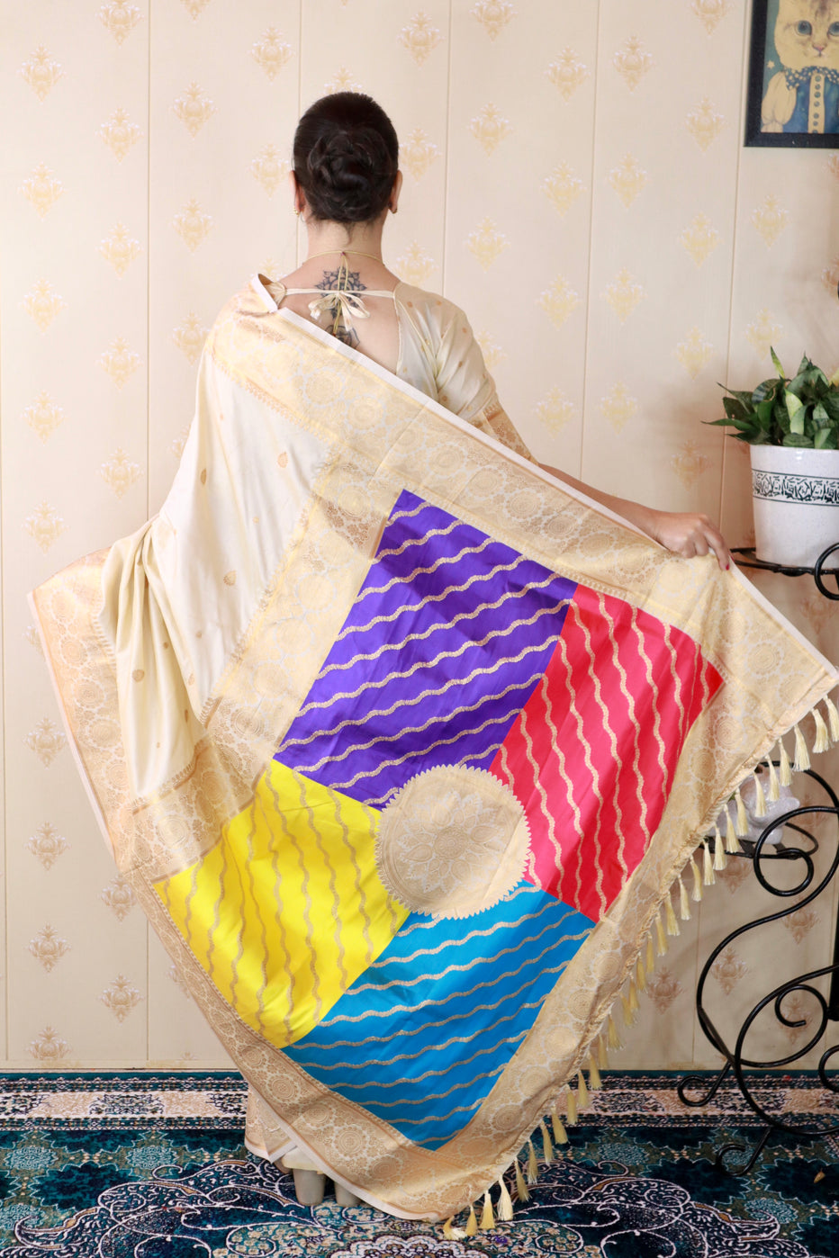 Cream Soft Silk Banarasi Multicolor Pallu Zari Woven Saree