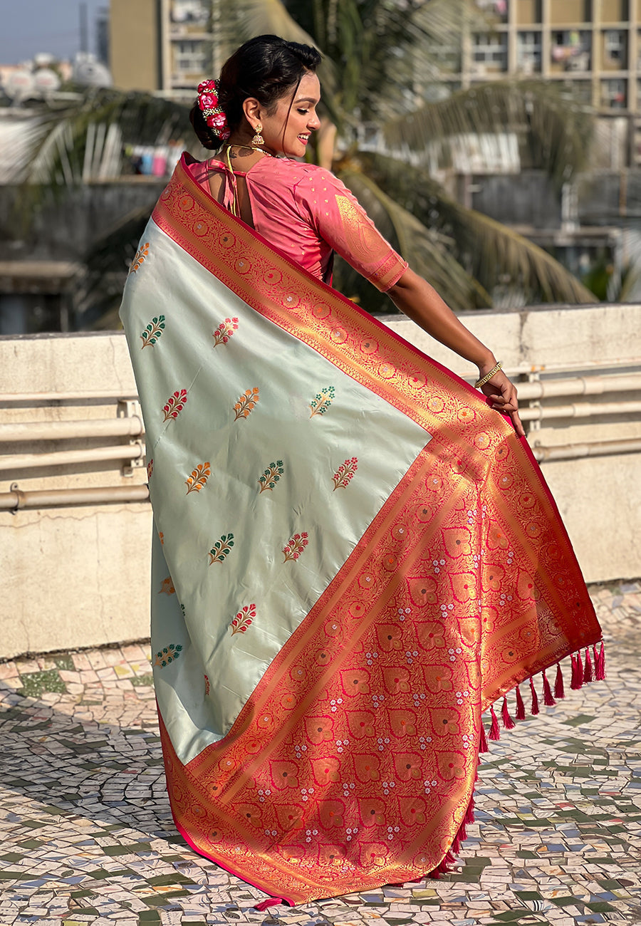 Sky Blue Soft Silk with Flower Butta Meenakari Zari Woven Saree Banarasi Saree Anant Tex Exports Pvt.Ltd..