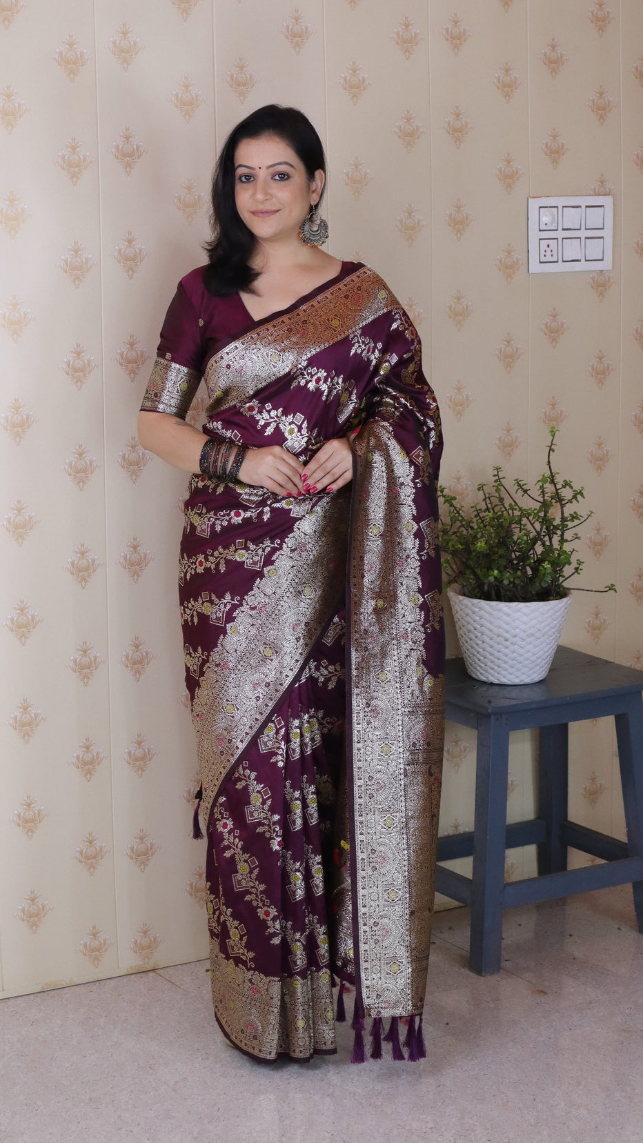 Wine Soft Silk Banarasi Jaal Meenakari Zari Banarasi Saree