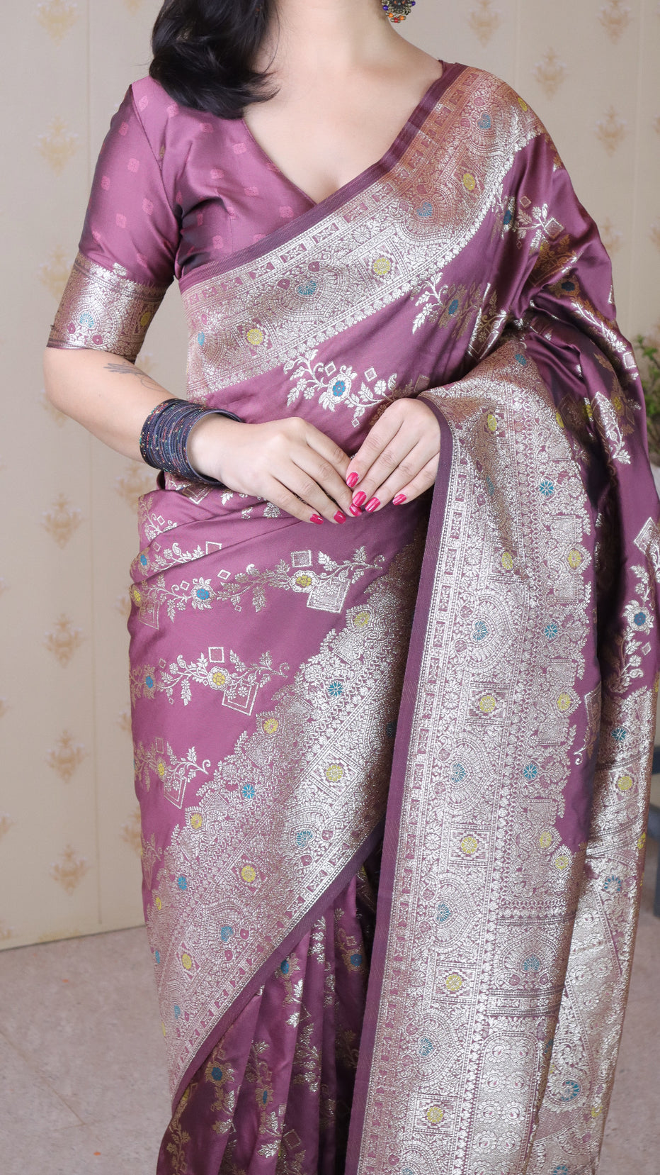 Coral Pink Soft Silk Banarasi Jaal Meenakari Zari Banarasi Saree
