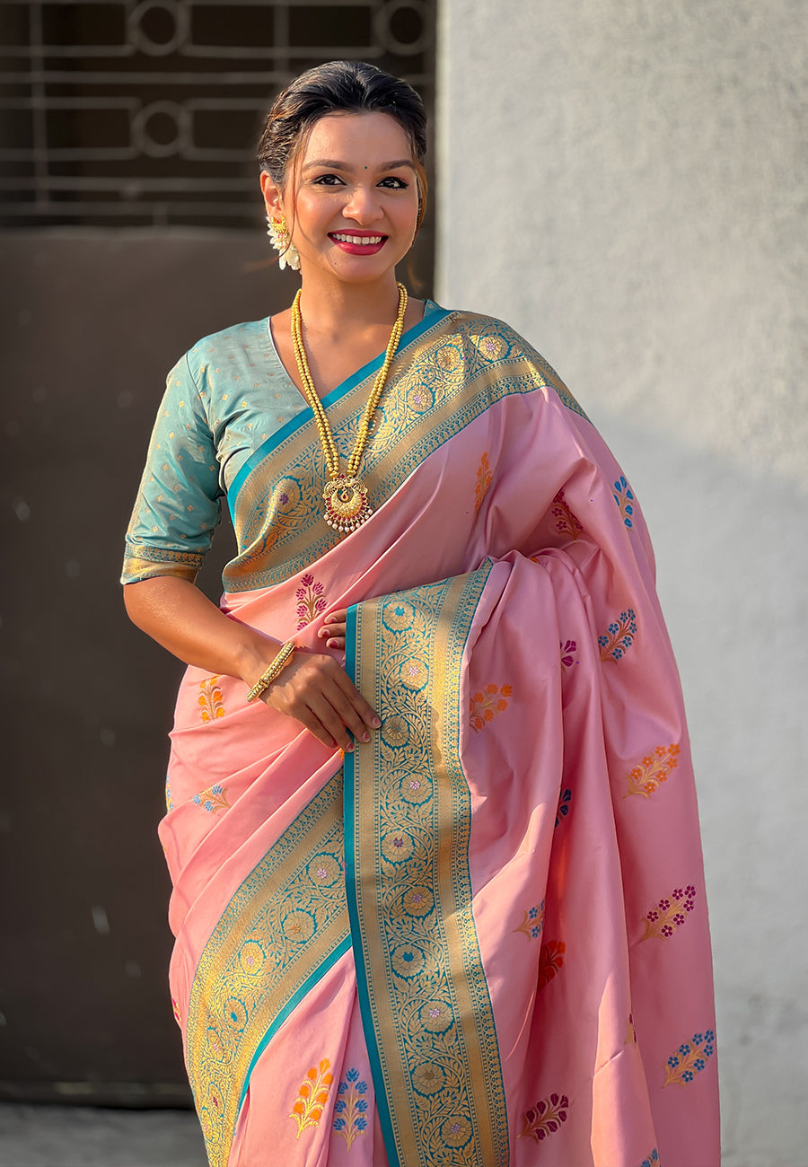 Baby Pink Soft Silk with Flower Butta Meenakari Zari Woven Saree