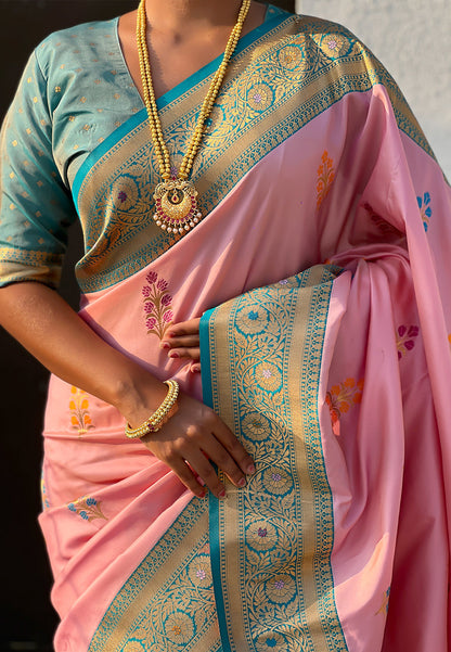 Baby Pink Soft Silk with Flower Butta Meenakari Zari Woven Saree Banarasi Saree Anant Tex Exports Pvt.Ltd..
