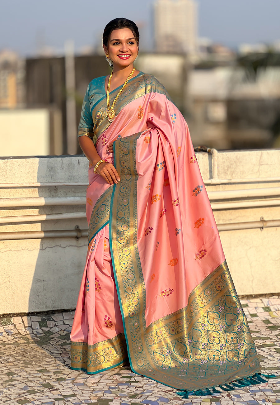 Baby Pink Soft Silk with Flower Butta Meenakari Zari Woven Saree