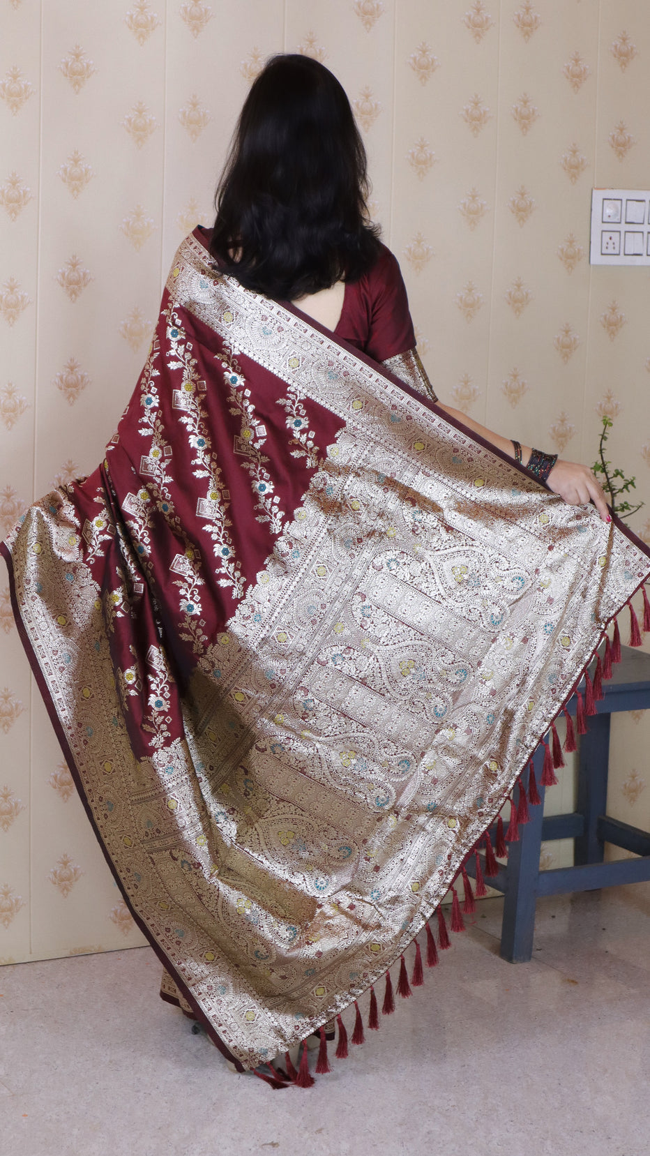 Maroon Soft Silk Banarasi Jaal Meenakari Zari Banarasi Saree