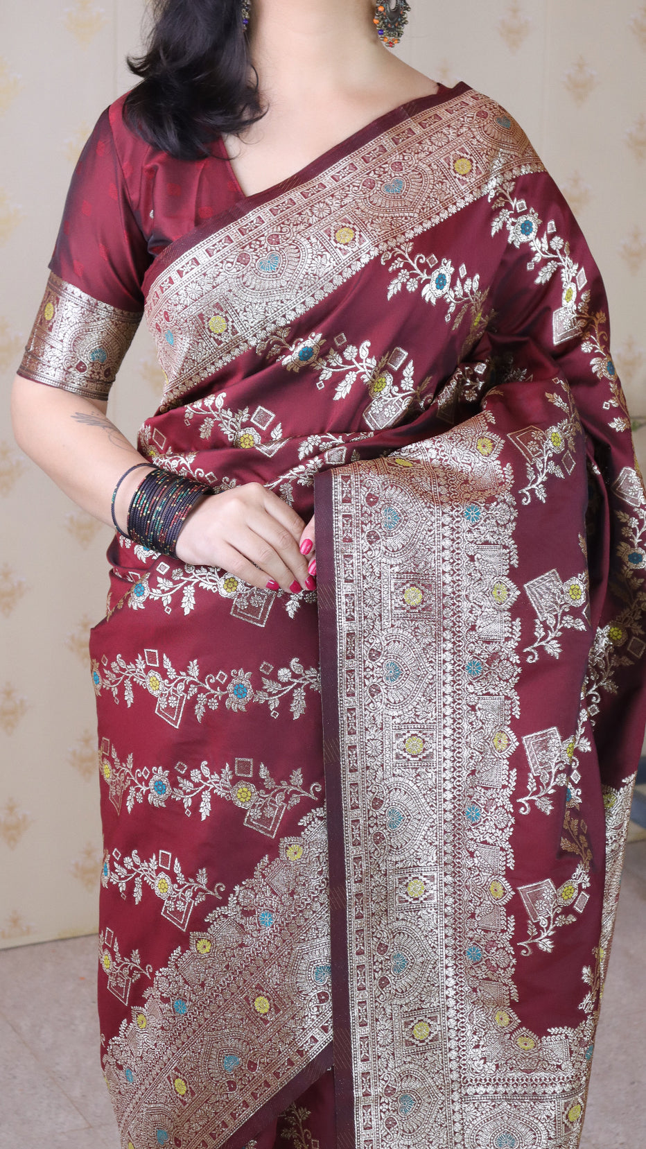Maroon Soft Silk Banarasi Jaal Meenakari Zari Banarasi Saree