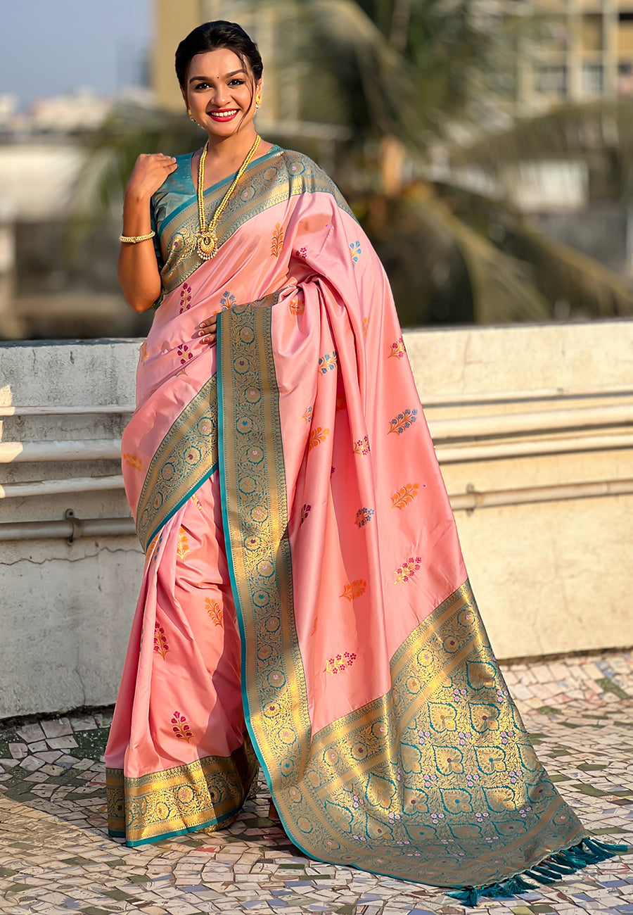 Baby Pink Soft Silk with Flower Butta Meenakari Zari Woven Saree
