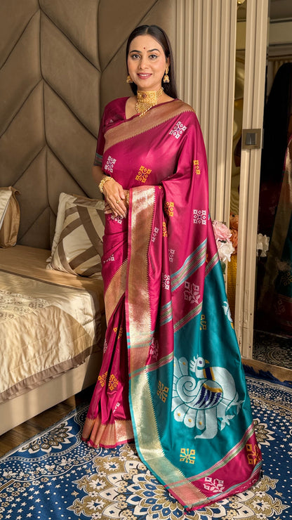 Dark Pink Soft Silk Ikkat Zari Patola Soft Silk Saree