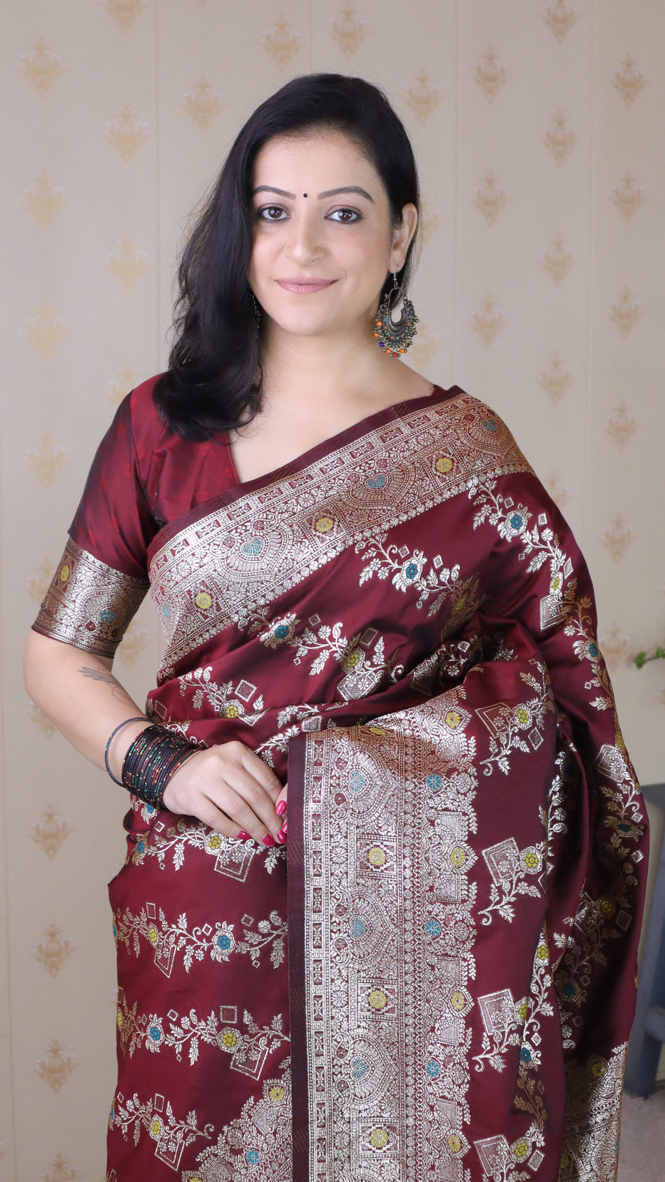 Maroon Soft Silk Banarasi Jaal Meenakari Zari Banarasi Saree