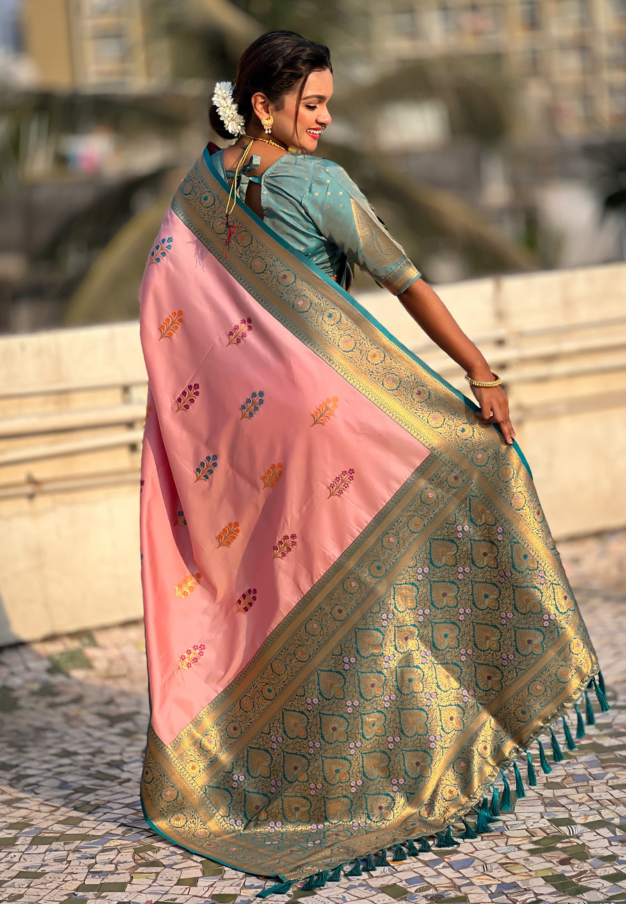 Baby Pink Soft Silk with Flower Butta Meenakari Zari Woven Saree