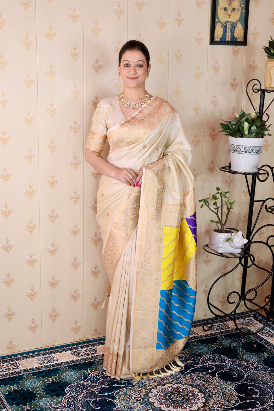 Cream Soft Silk Banarasi Multicolor Pallu Zari Woven Saree