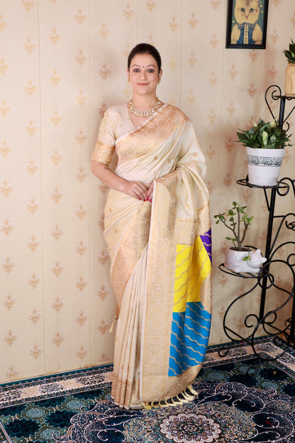 Cream Soft Silk Banarasi Multicolor Pallu Zari Woven Saree