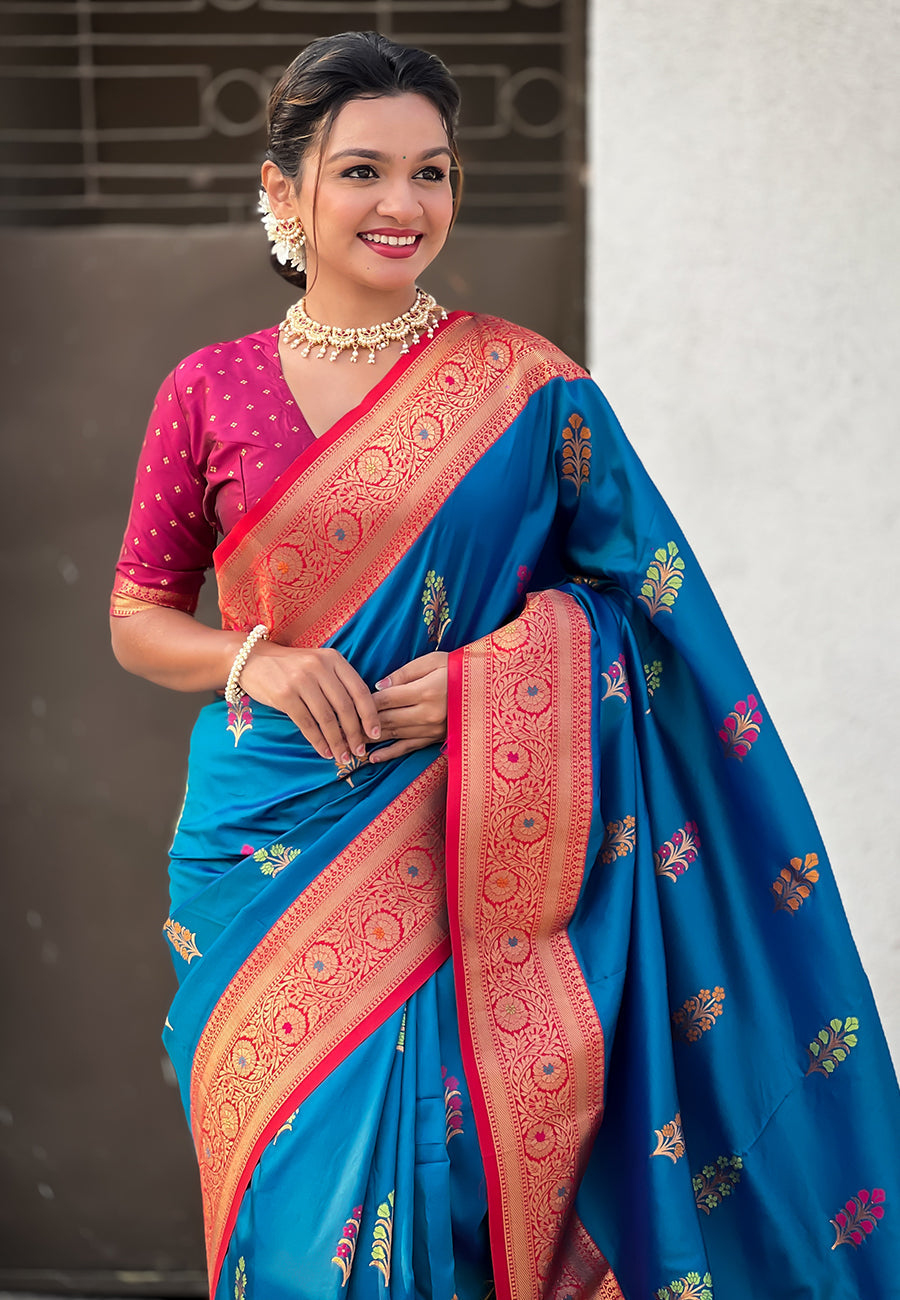 Blue Soft Silk with Flower Butta Meenakari Zari Woven Saree