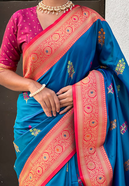 Blue Soft Silk with Flower Butta Meenakari Zari Woven Saree Banarasi Saree Anant Tex Exports Pvt.Ltd..