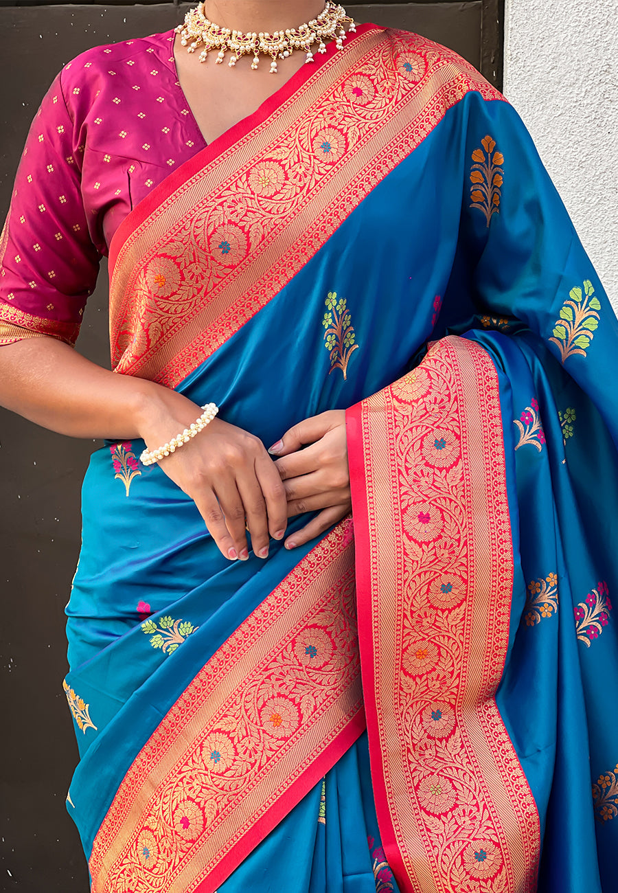 Blue Soft Silk with Flower Butta Meenakari Zari Woven Saree