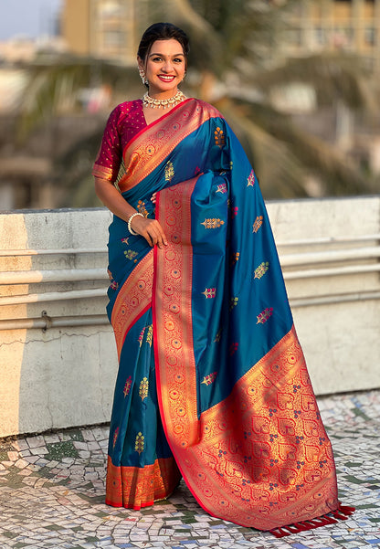 Blue Soft Silk with Flower Butta Meenakari Zari Woven Saree Banarasi Saree Anant Tex Exports Pvt.Ltd..