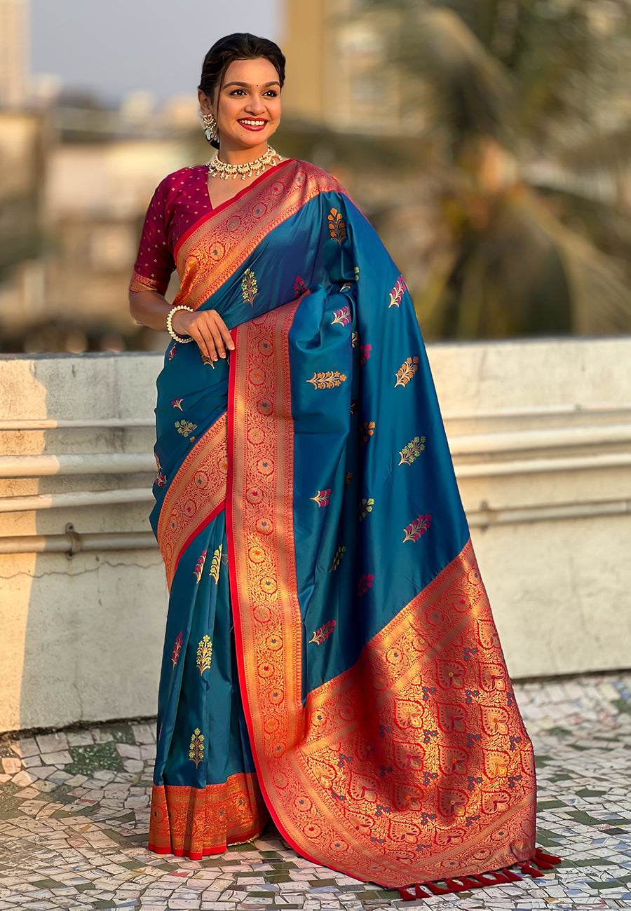 Blue Soft Silk with Flower Butta Meenakari Zari Woven Saree Banarasi Saree Anant Tex Exports Pvt.Ltd..