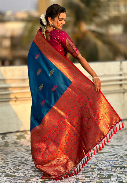 Blue Soft Silk with Flower Butta Meenakari Zari Woven Saree Banarasi Saree Anant Tex Exports Pvt.Ltd..