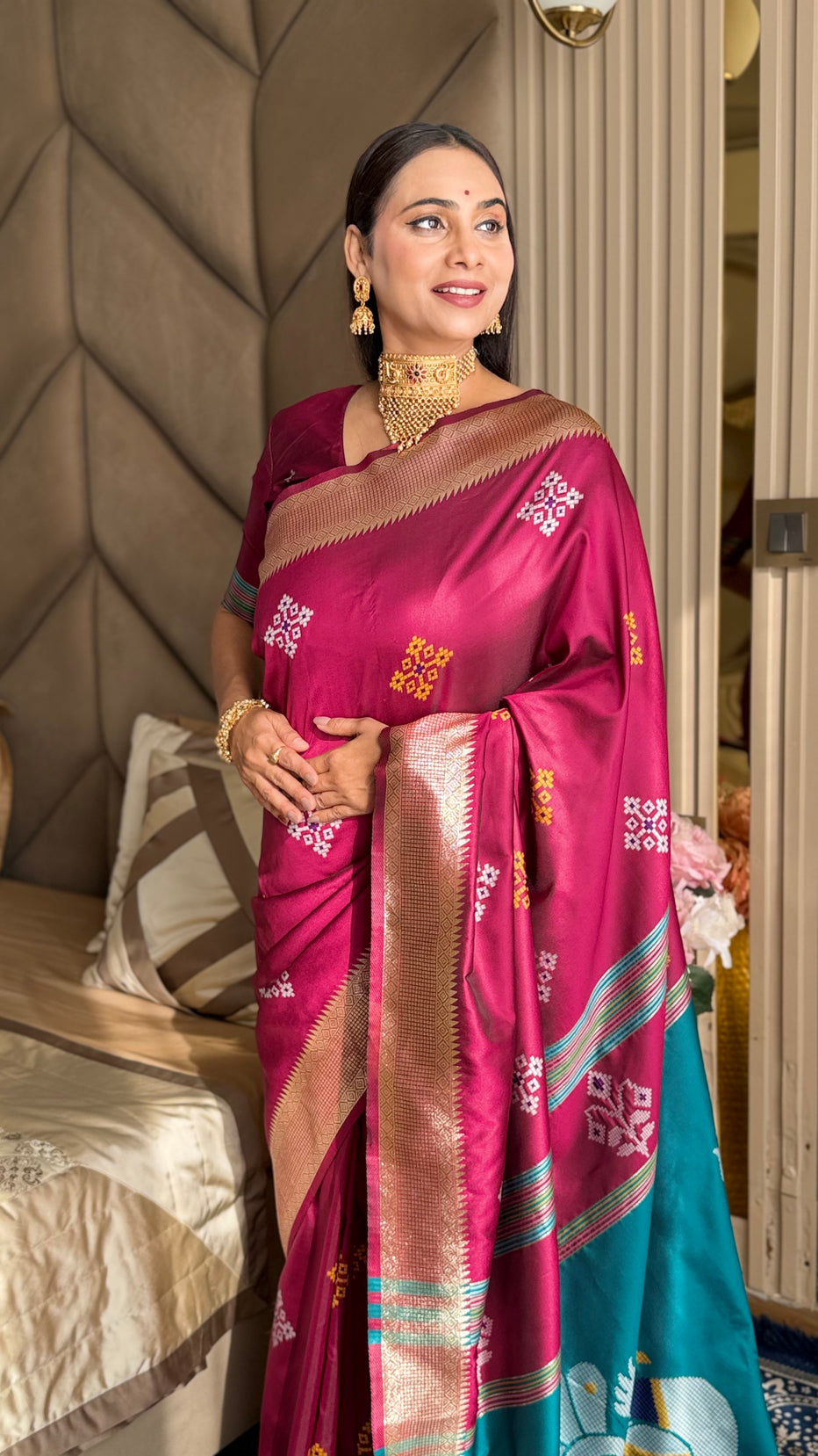 Dark Pink Soft Silk Ikkat Zari Patola Soft Silk Saree