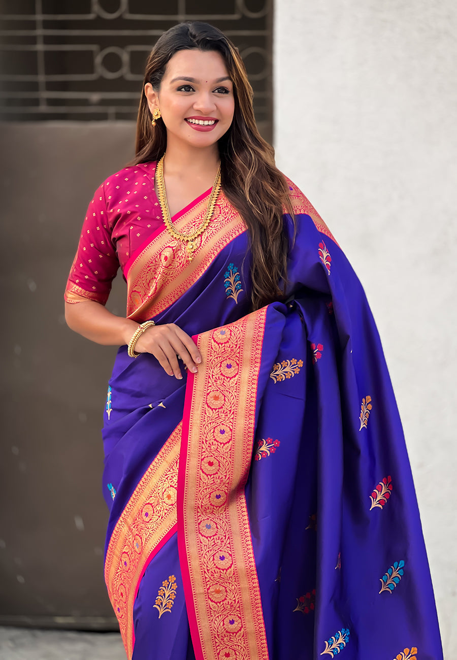 Violet Soft Silk with Flower Butta Meenakari Zari Woven Saree
