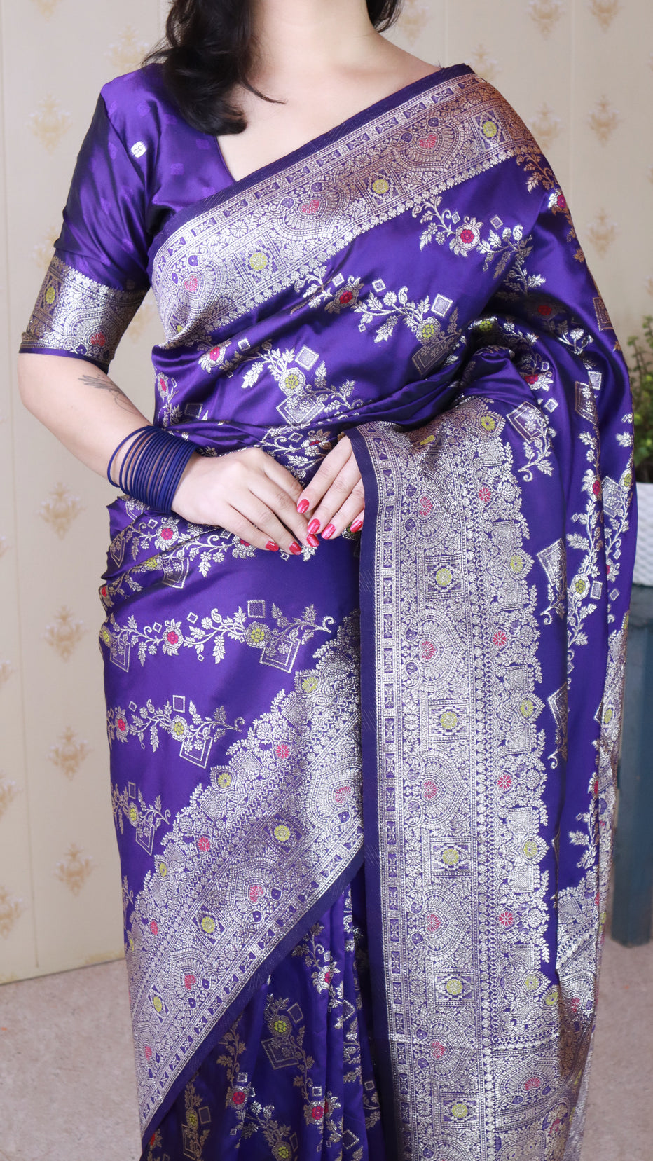 Violet Soft Silk Banarasi Jaal Meenakari Zari Banarasi Saree