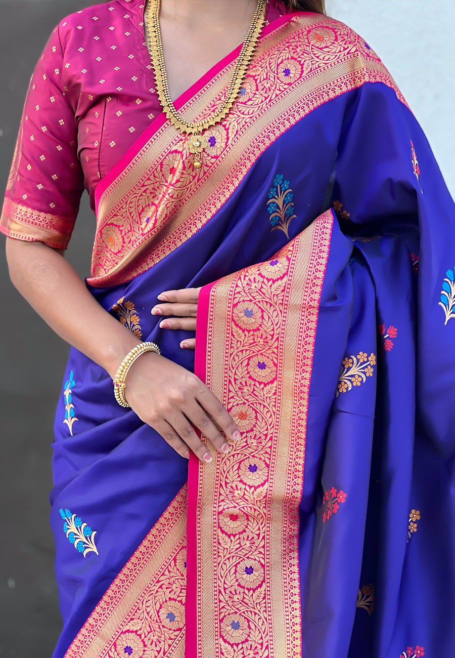 Violet Soft Silk with Flower Butta Meenakari Zari Woven Saree