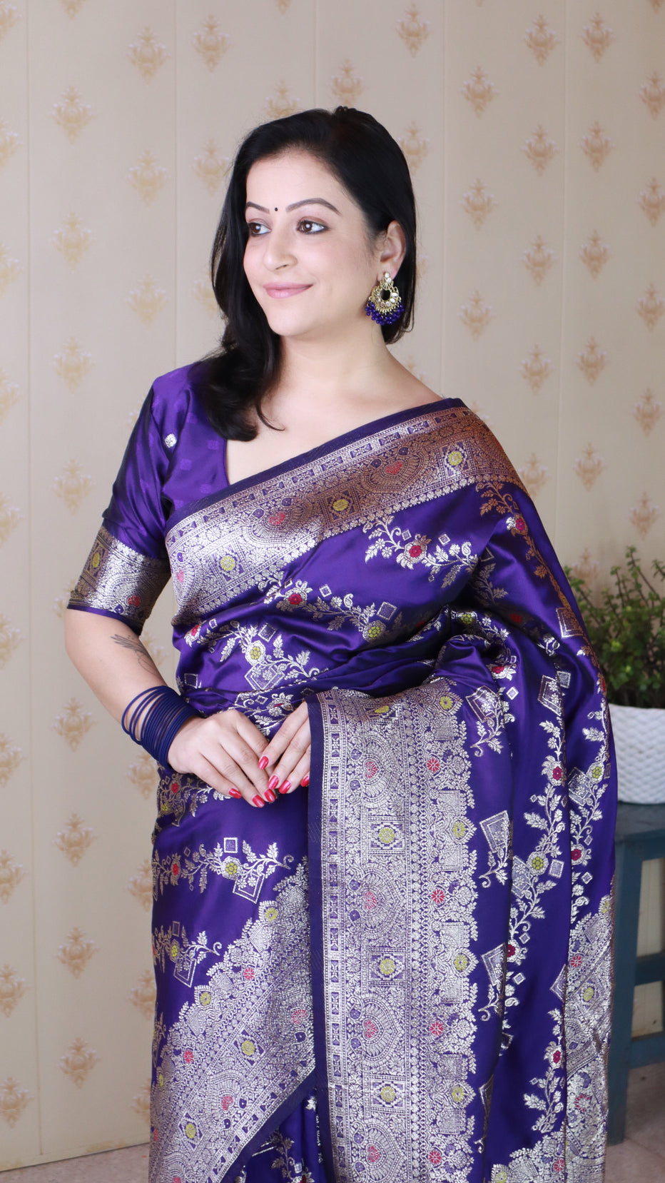 Violet Soft Silk Banarasi Jaal Meenakari Zari Banarasi Saree