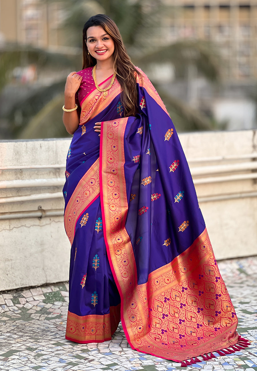 Violet Soft Silk with Flower Butta Meenakari Zari Woven Saree