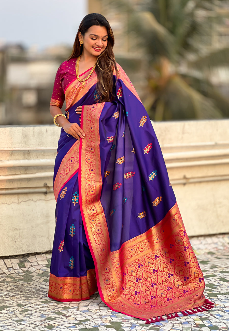 Violet Soft Silk with Flower Butta Meenakari Zari Woven Saree