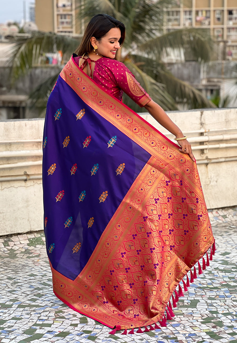 Violet Soft Silk with Flower Butta Meenakari Zari Woven Saree
