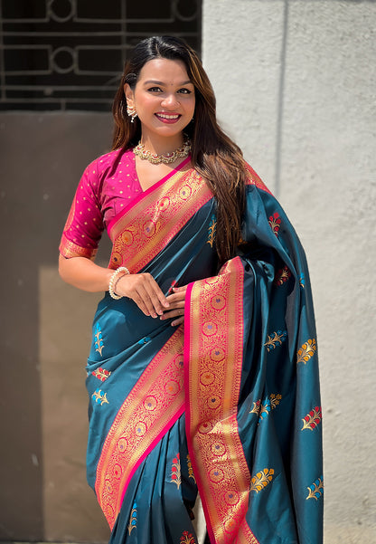 Denim Blue Soft Silk with Flower Butta Meenakari Zari Woven Saree Banarasi Saree Anant Tex Exports Pvt.Ltd..