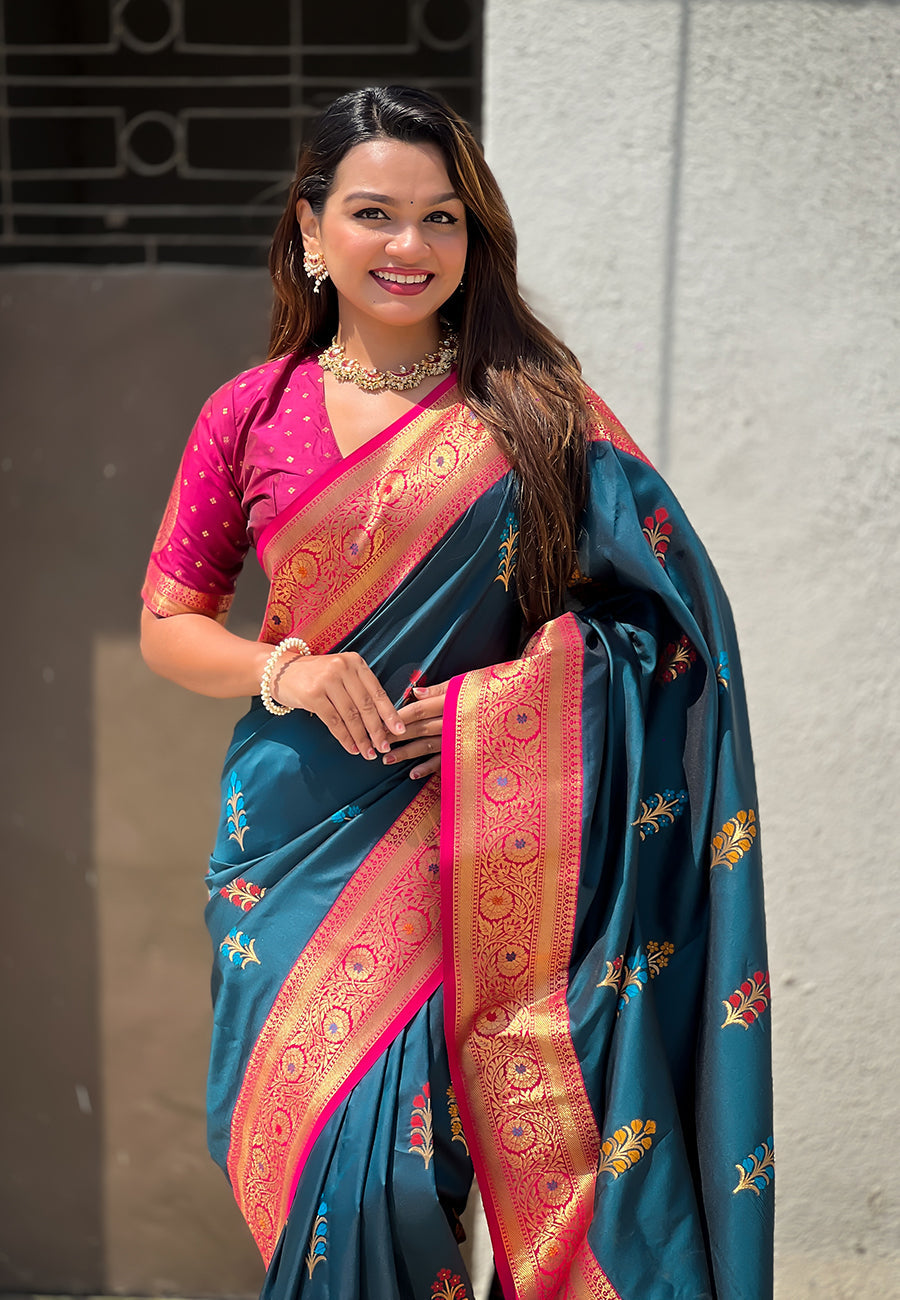 Denim Blue Soft Silk with Flower Butta Meenakari Zari Woven Saree