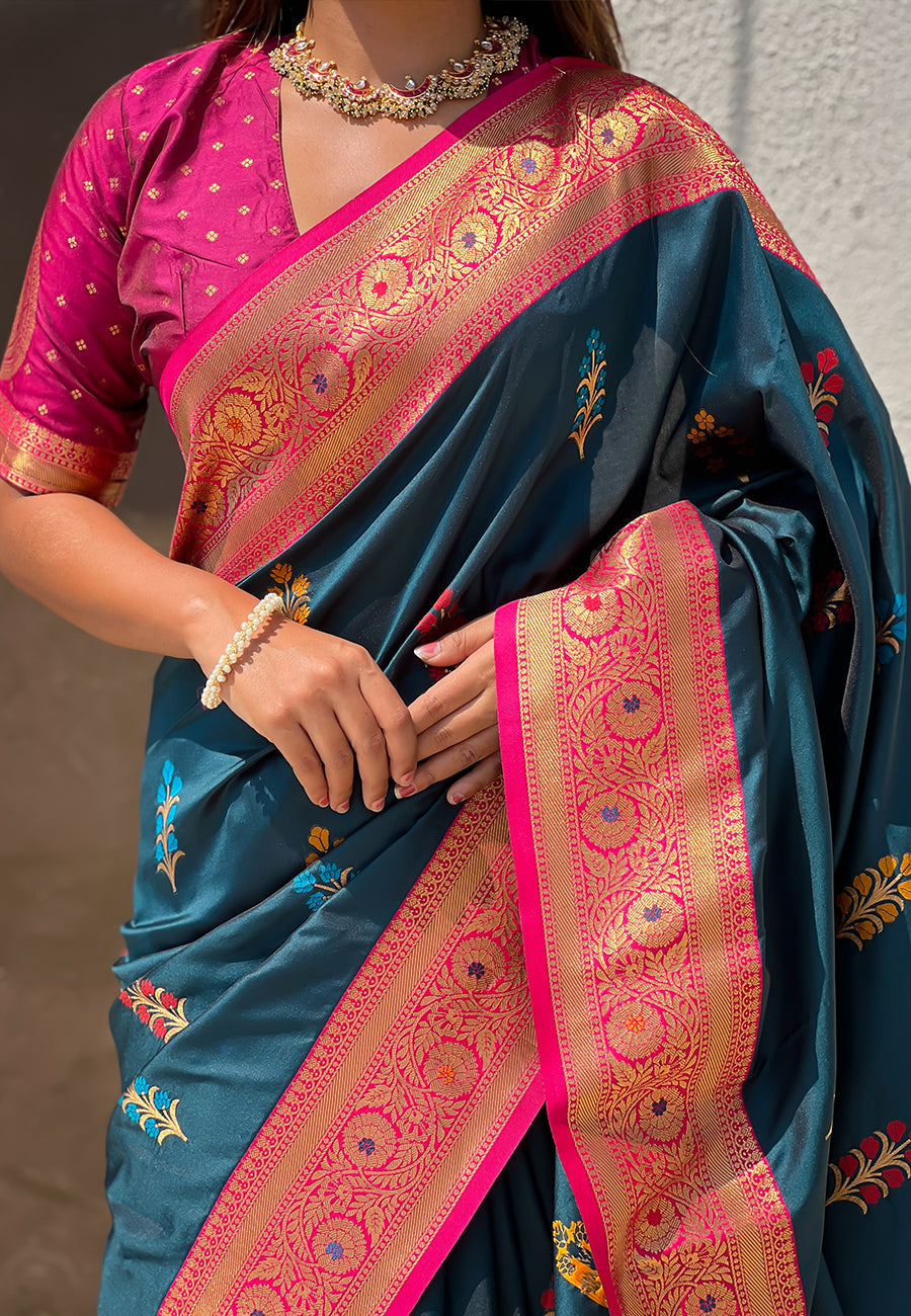 Denim Blue Soft Silk with Flower Butta Meenakari Zari Woven Saree Banarasi Saree Anant Tex Exports Pvt.Ltd..